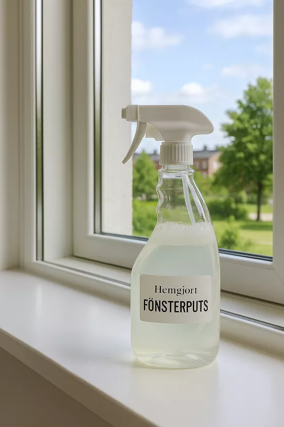 hemgjort fönsterputsmedel i sprayflaska bredvid skinande rena fönster